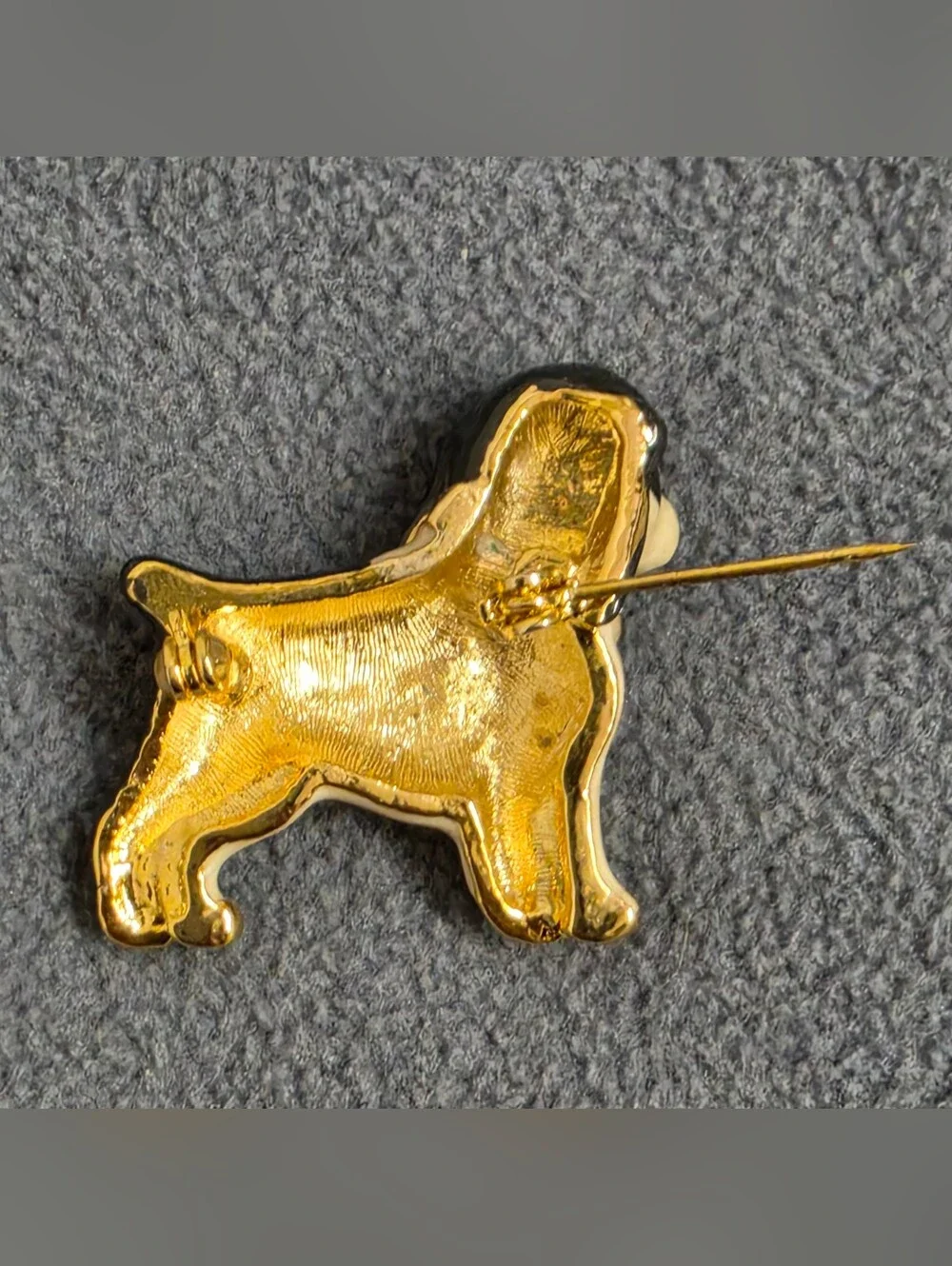 Black White Hound Dog Brooch Green Rhinestone Eyes Collar Gold Tone Pin New